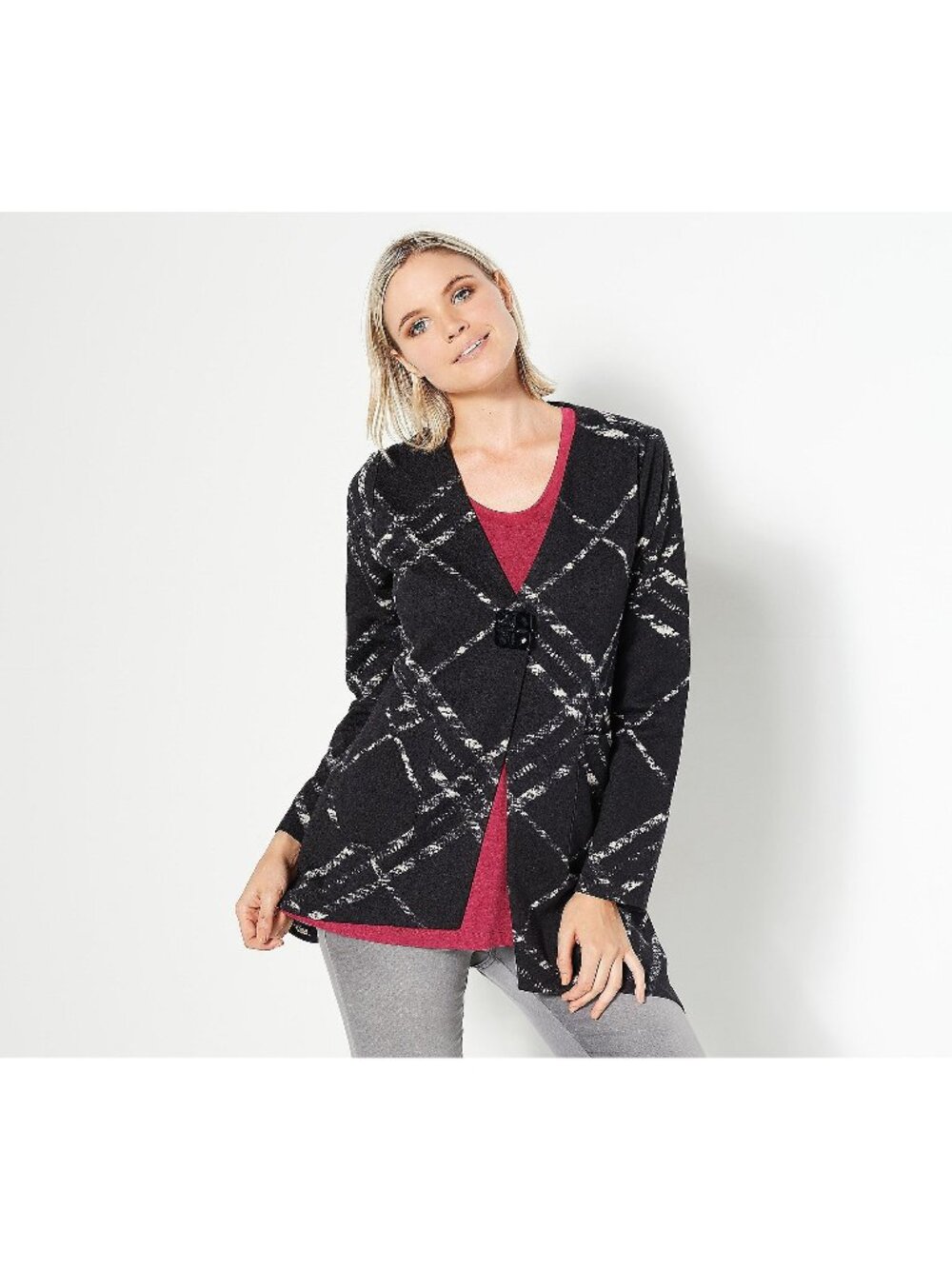 Truth + Style Cardigan Small Printed Knit Asymmetrical Button Black Plaid NEW